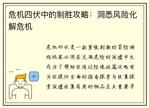 危机四伏中的制胜攻略：洞悉风险化解危机