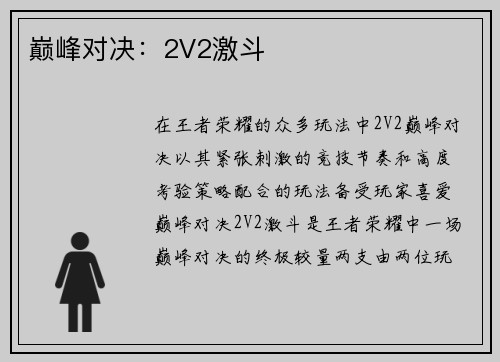 巅峰对决：2V2激斗