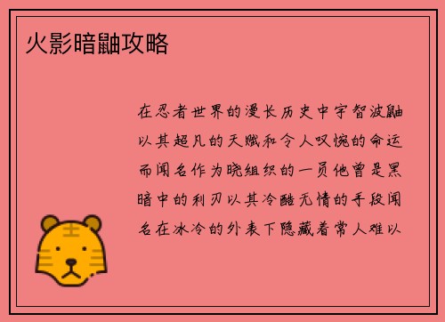火影暗鼬攻略