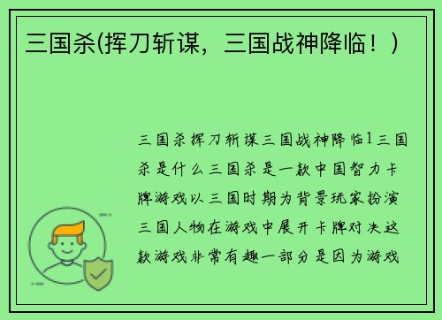 三国杀(挥刀斩谋，三国战神降临！)
